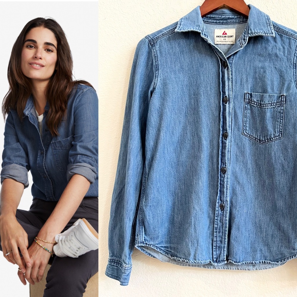 American Giant Odessa Denim Denim Chambray‎ Button Up Shirt Long Sleeve Size XS